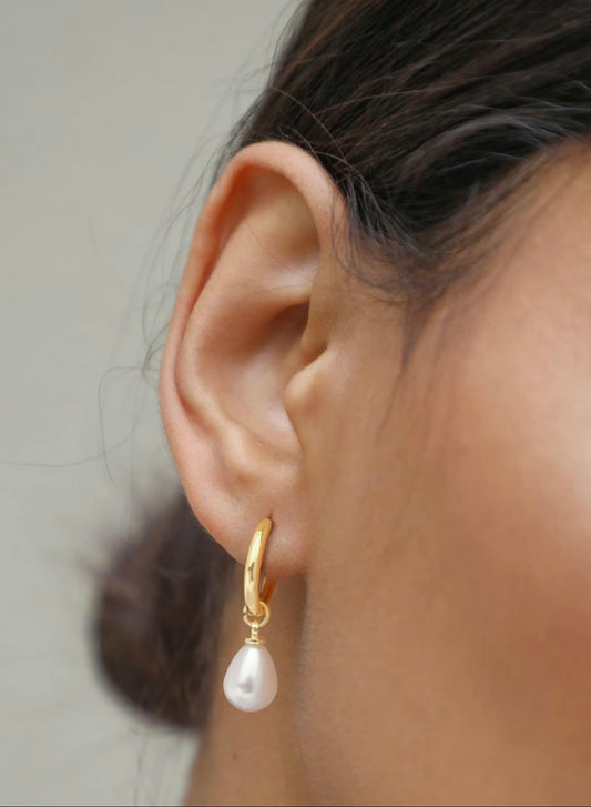 Gold Plated Faux Pearl Huggie Hoop Earrings – Classic Charm with a Modern Twist