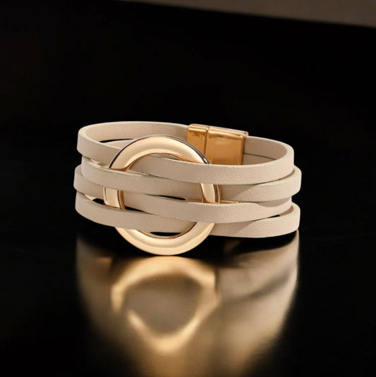 Leatherette Stone & Gold Cuff Bracelet – Modern Texture with Effortless Elegance