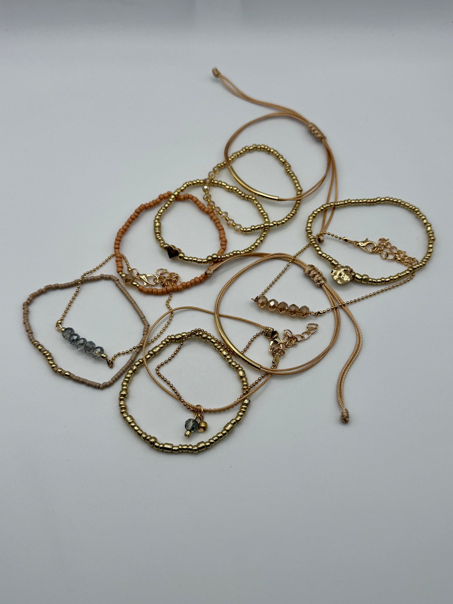 11pc Gold & Khaki Bohemian Heart Woven Beaded Bracelet Set – Adjustable Elastic Stack