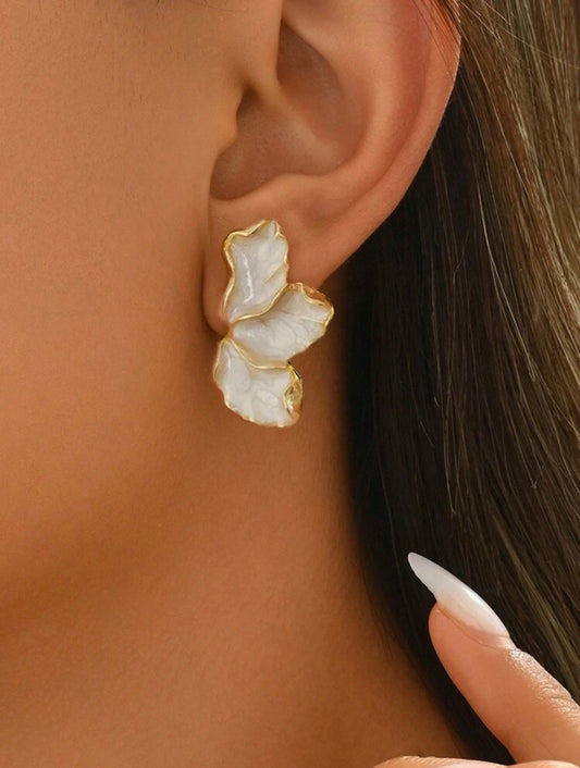 Elegant Gold & Cream Enamel Flower Oil Drop Earrings – Tarnish Resistant