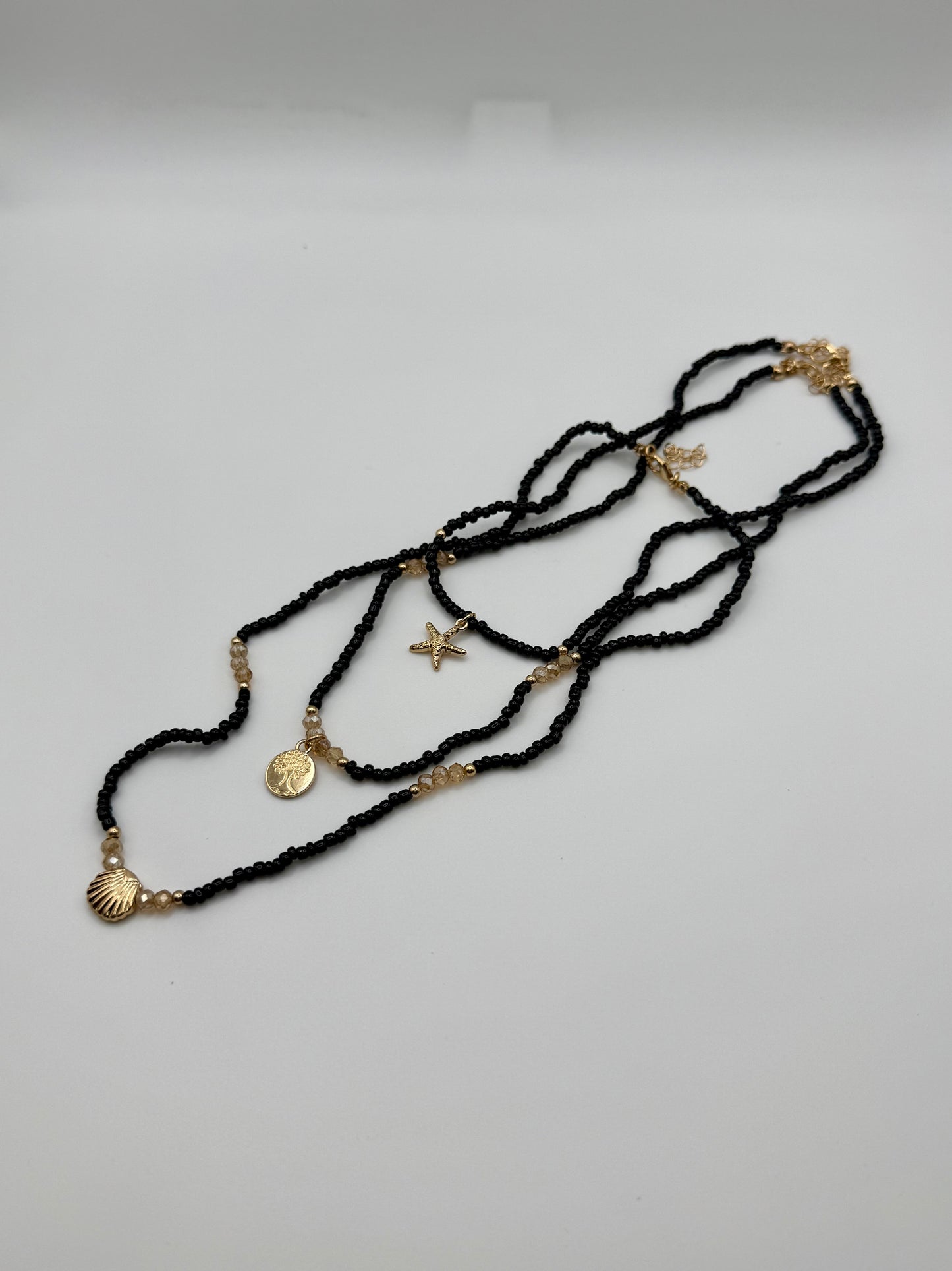 3pc Black & Gold Boho Beach Necklace Set – Starfish & Shell Pendants with Glass Beads