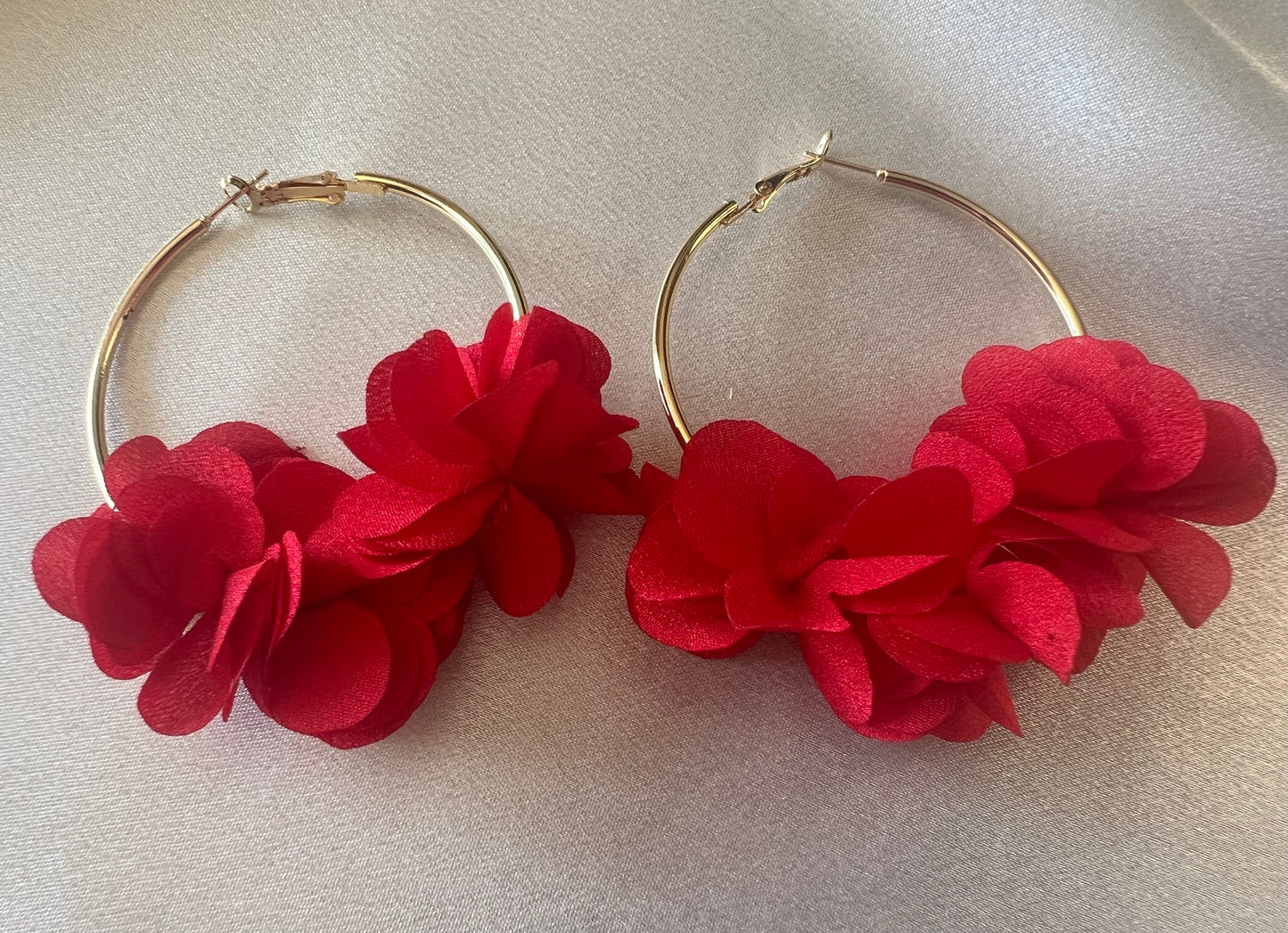 Gold & Red Flower Hoop Earrings – Bold Florals with Luxe Contrast