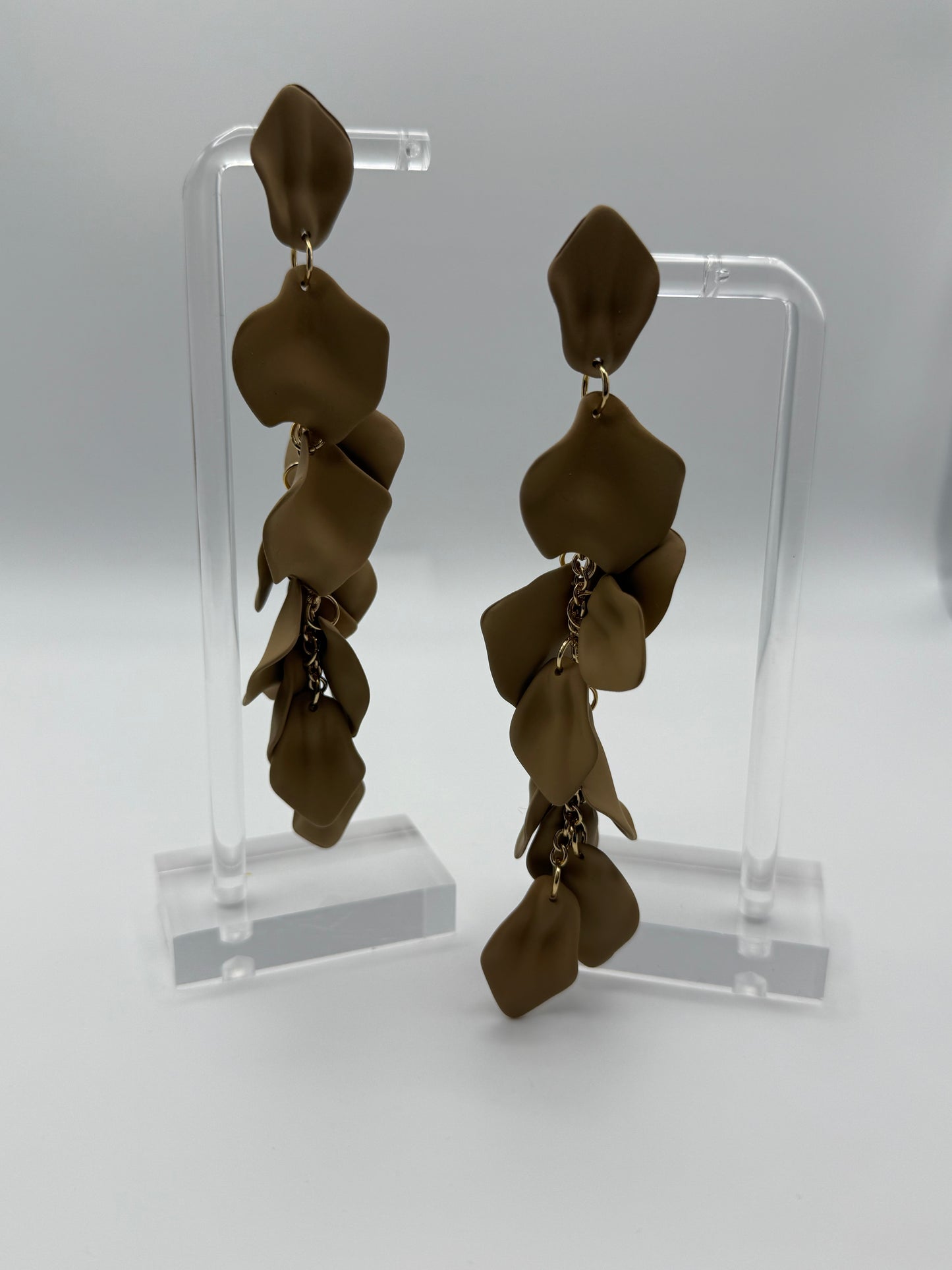 Gold & Coffee Matte Petal Dangle Earrings – Nature-Inspired Elegance with a Modern Edge