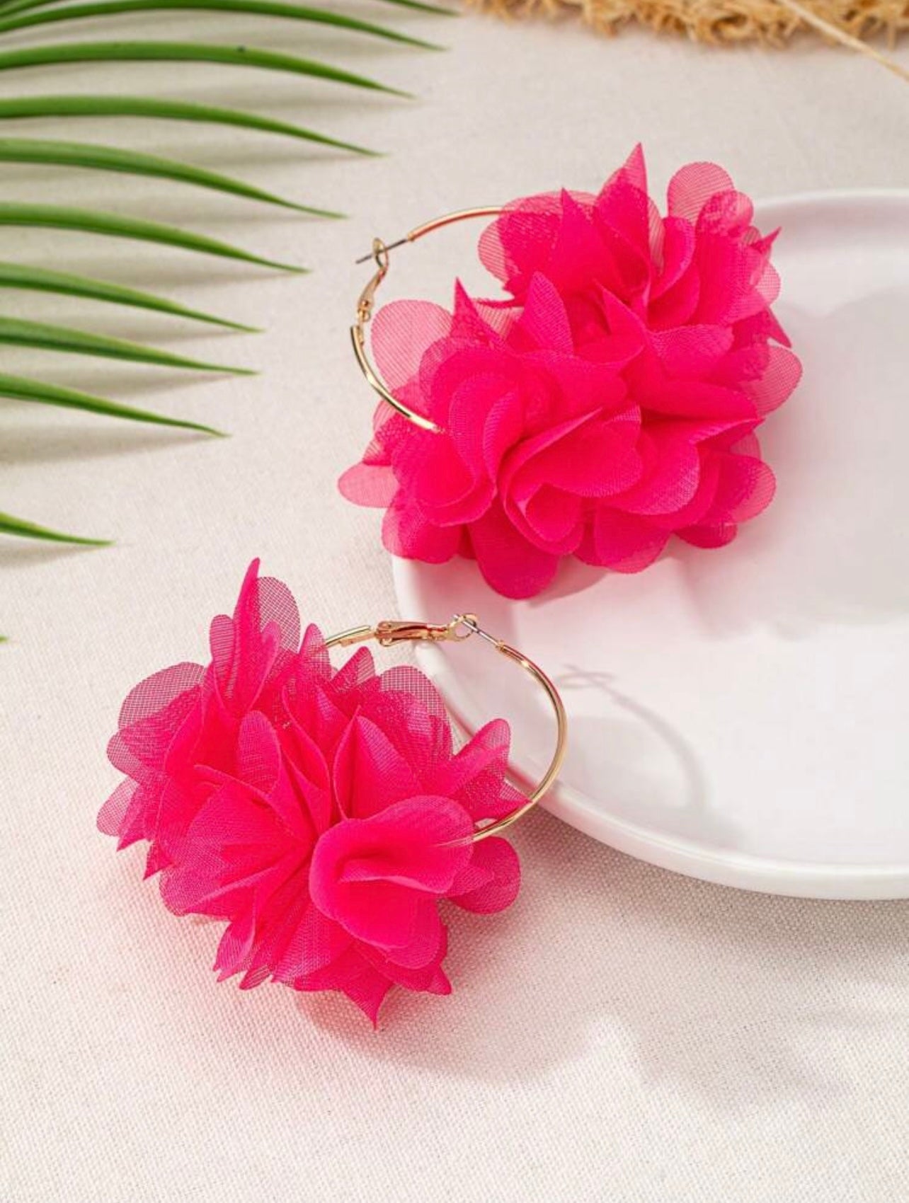 Gold Hoop Earrings with Neon Pink Floral Organza – Bold Statement Set (5 x 7 cm)
