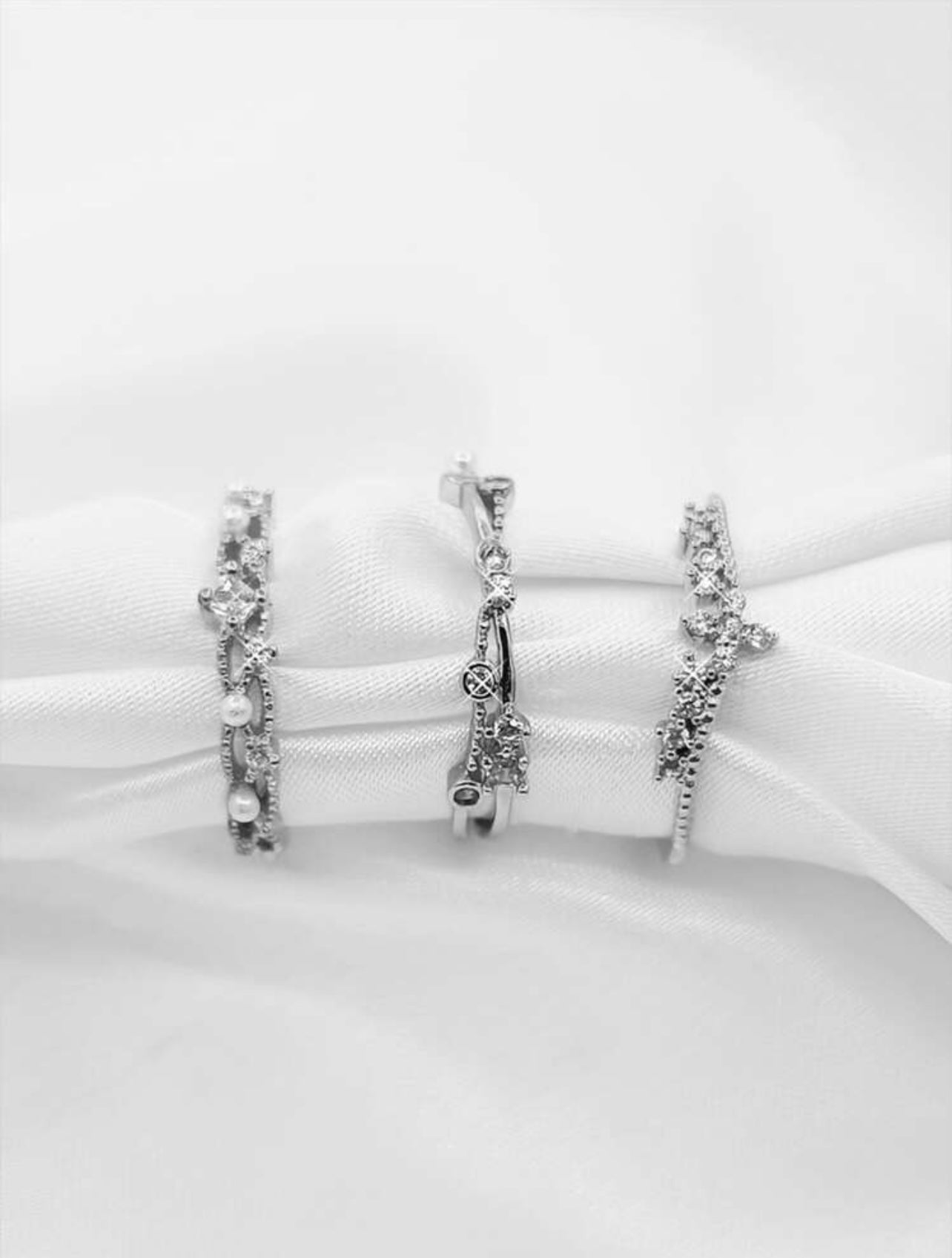 3pc Silver-Tone Faux Pearl & Rhinestone Cuff Ring Set – Stackable Elegant Style