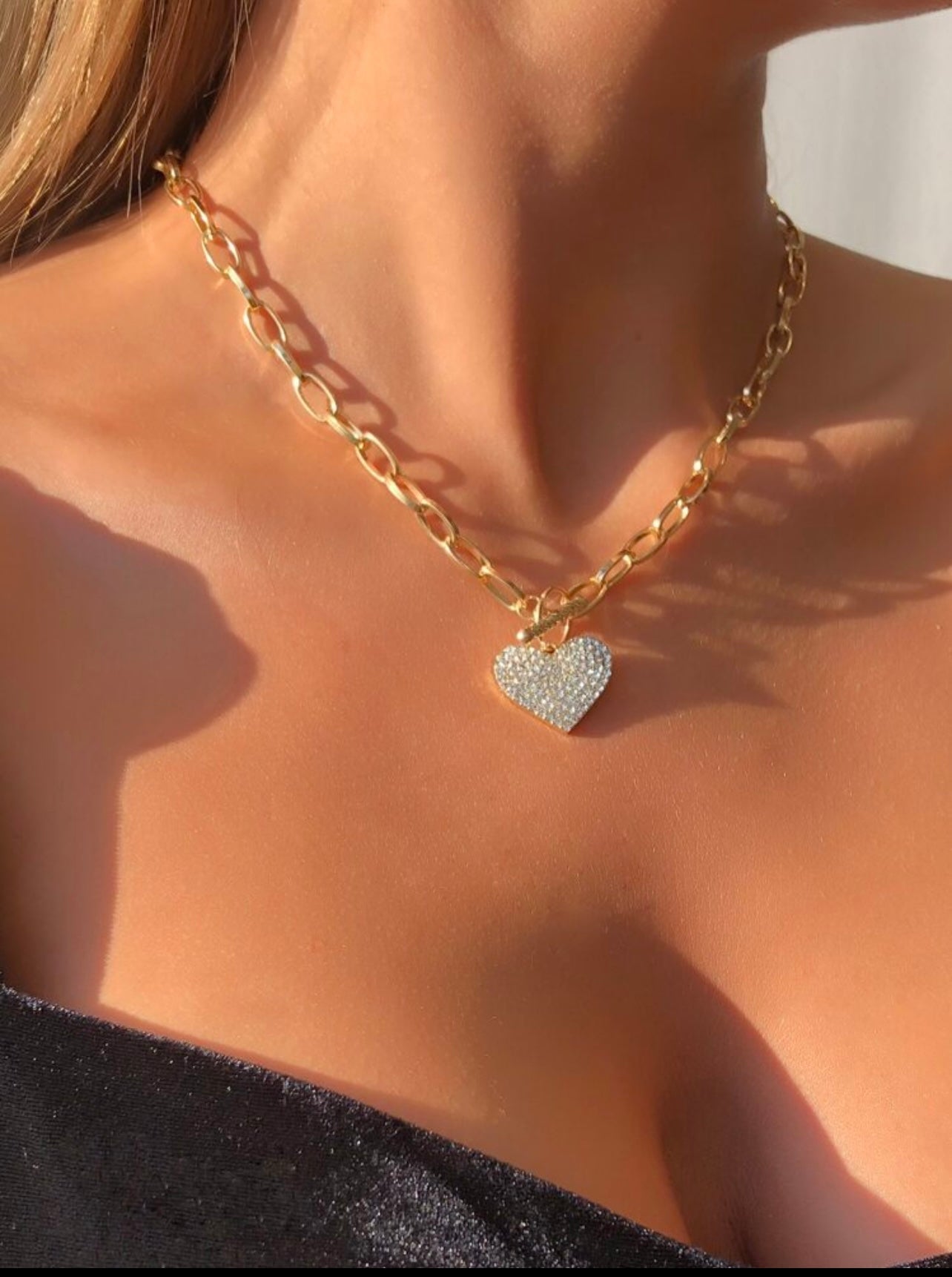 Tarnish-Resistant Rhinestone Gold Heart Charm Necklace – Paperclip Chain with T-Bar Clasp