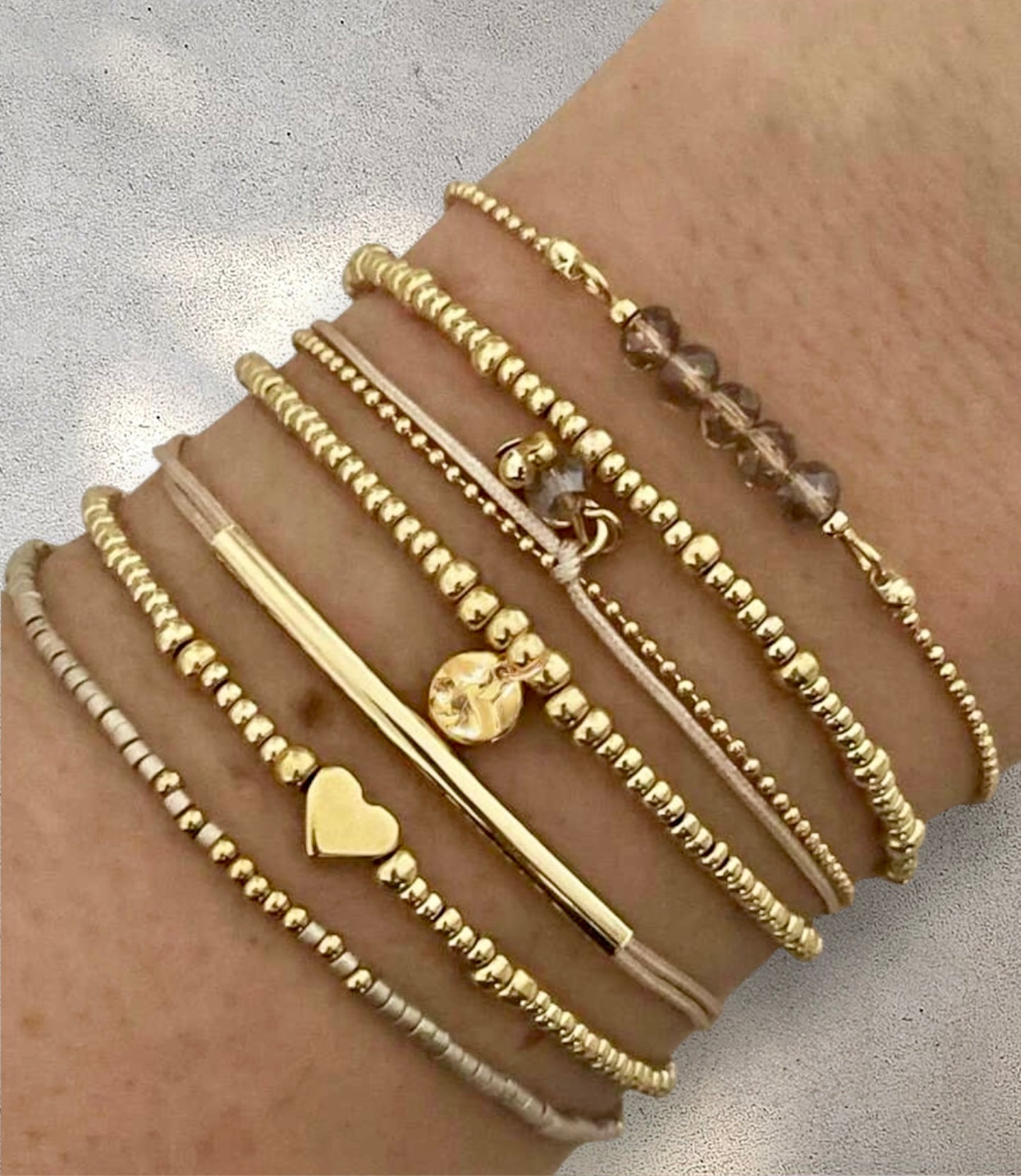 7pc Gold & Khaki Bohemian Heart Woven Beaded Bracelet Set – Adjustable Elastic Stack