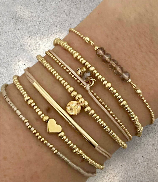 7pc Gold & Khaki Bohemian Heart Woven Beaded Bracelet Set – Adjustable Elastic Stack