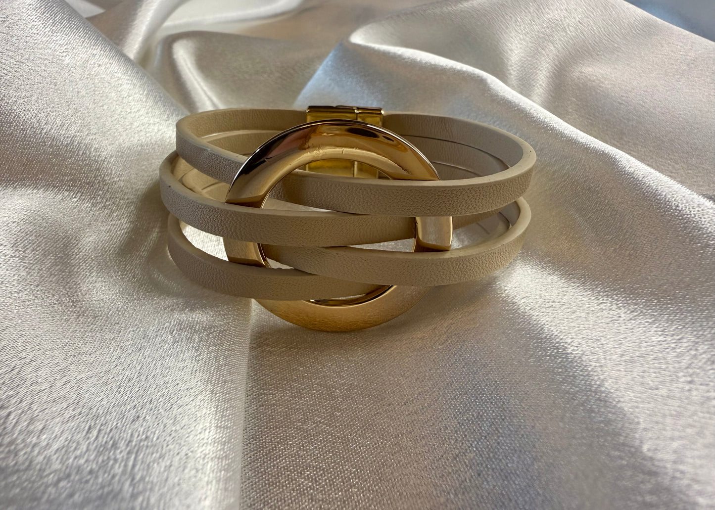 Leatherette Stone & Gold Cuff Bracelet – Modern Texture with Effortless Elegance