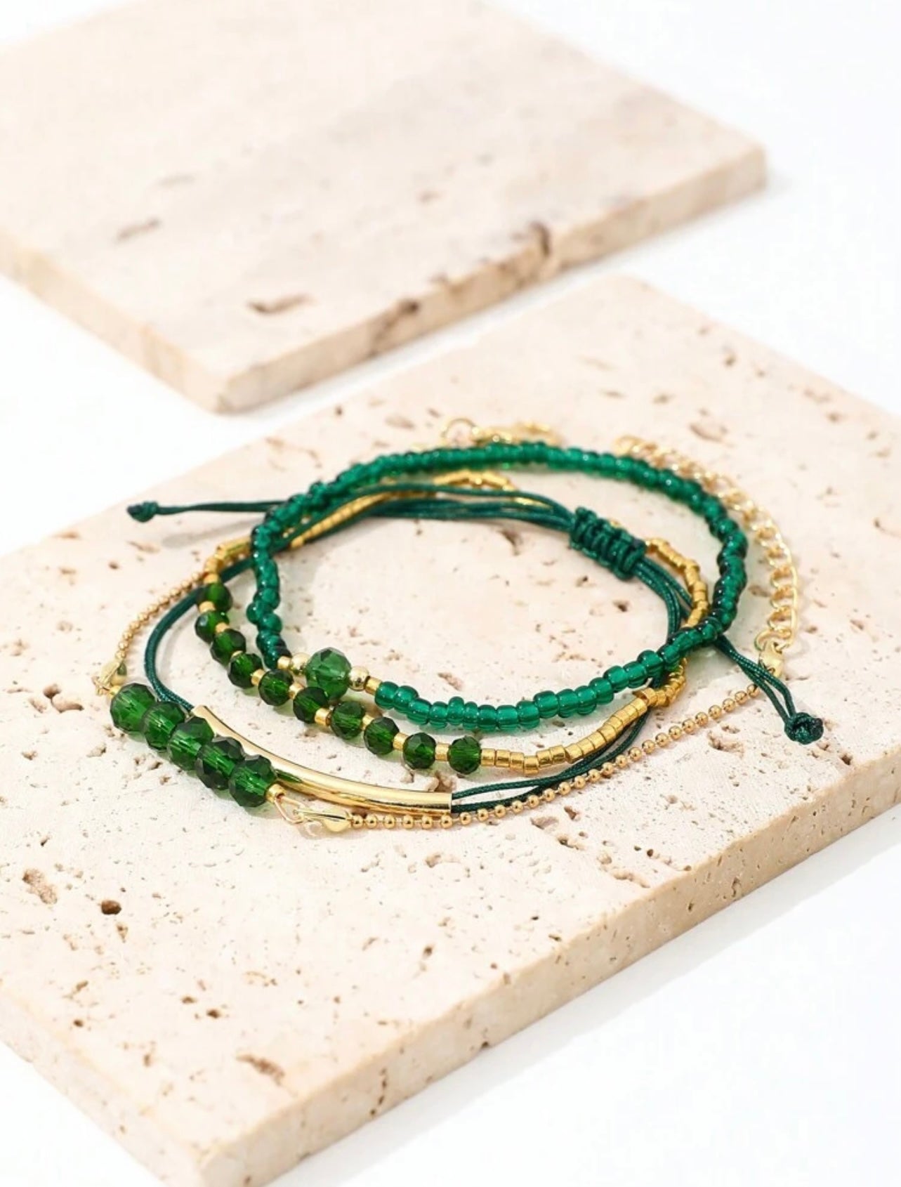 4pc Green & Gold Beaded Bracelet Stack – Handmade Party & Evening Jewellery