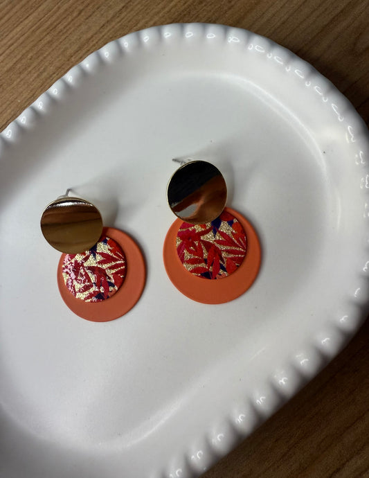 Boho Orange & Gold Round Earrings – Vintage-Inspired Colour Block Statement Pair