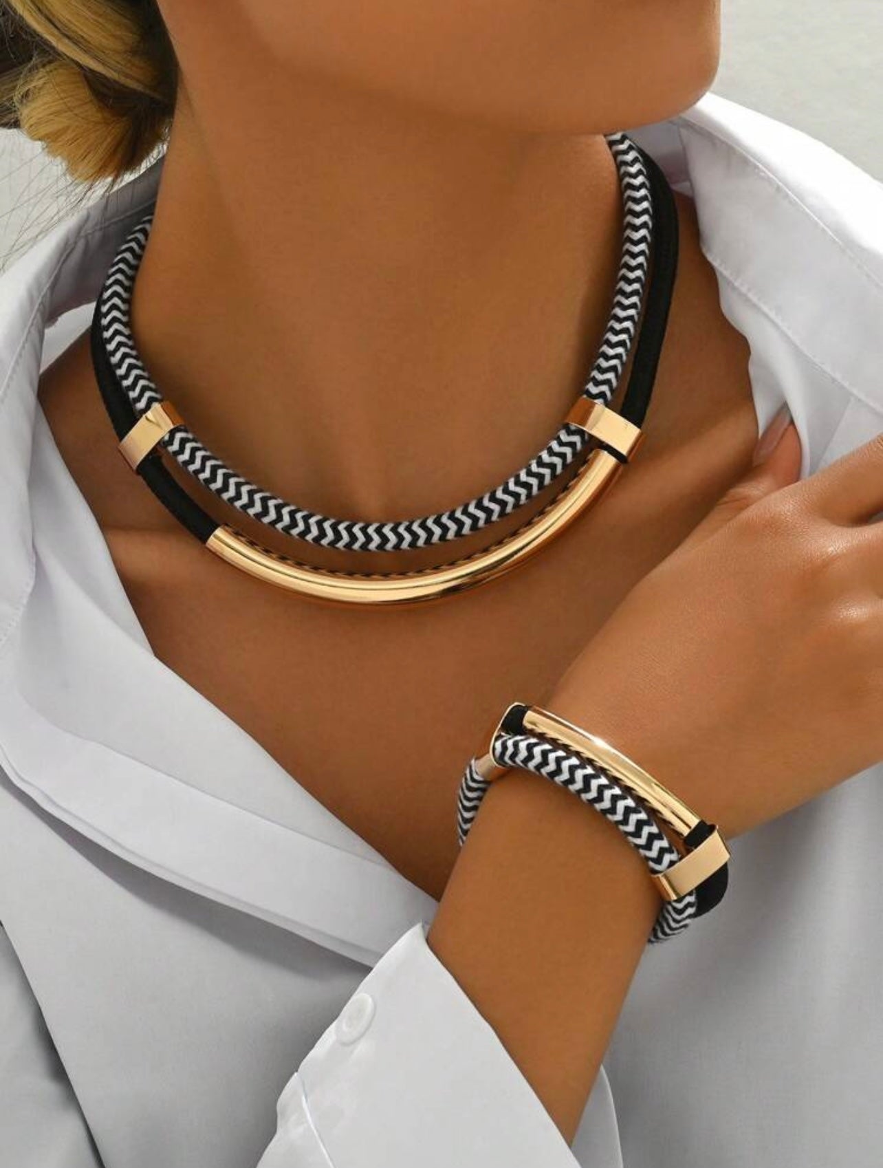 2pc Nautical Black Cord Choker And Bracelet Set – Multicolour Statement Necklaces with Gold Accents