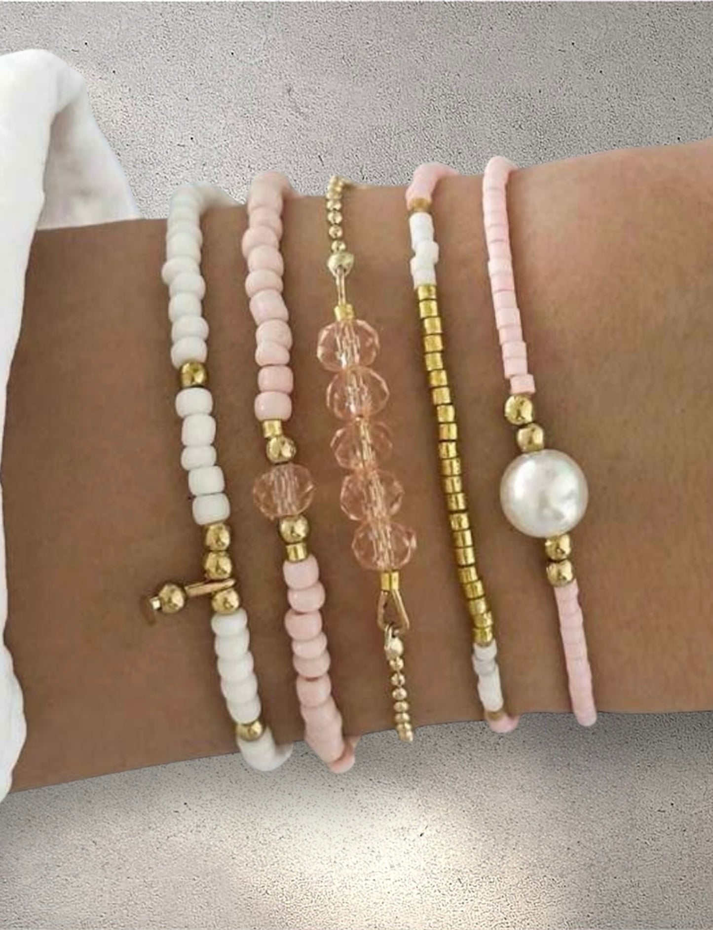 5pc Pink & White Faux Pearl Bracelet Stack – Handmade Holiday & Party Jewellery