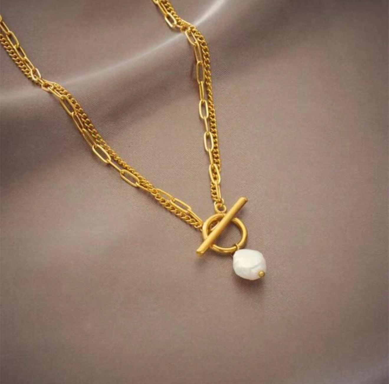 18k Gold Plated T-Bar Pearl Pendant Double Layer Necklace – Elegant, Radiant & Timeless