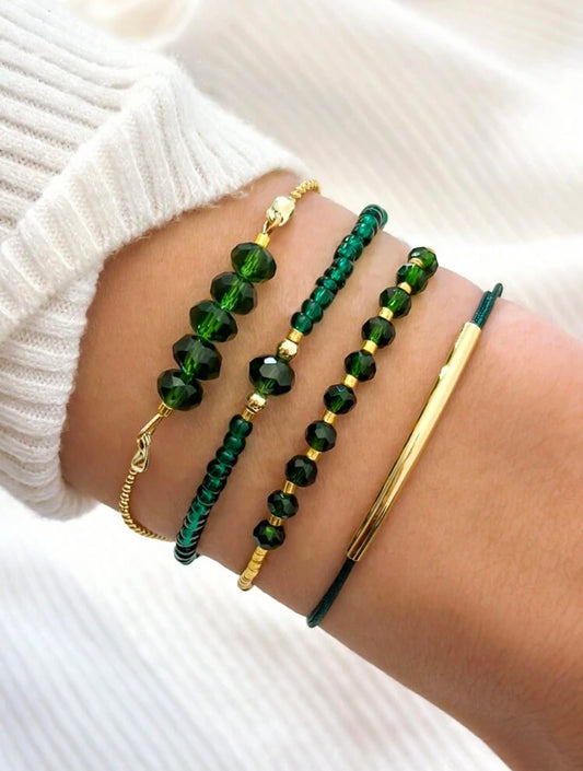 4pc Green & Gold Beaded Bracelet Stack – Handmade Party & Evening Jewellery