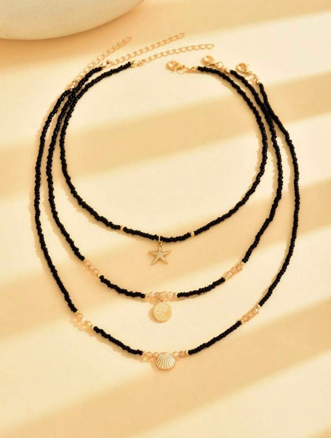 3pc Black & Gold Boho Beach Necklace Set – Starfish & Shell Pendants with Glass Beads