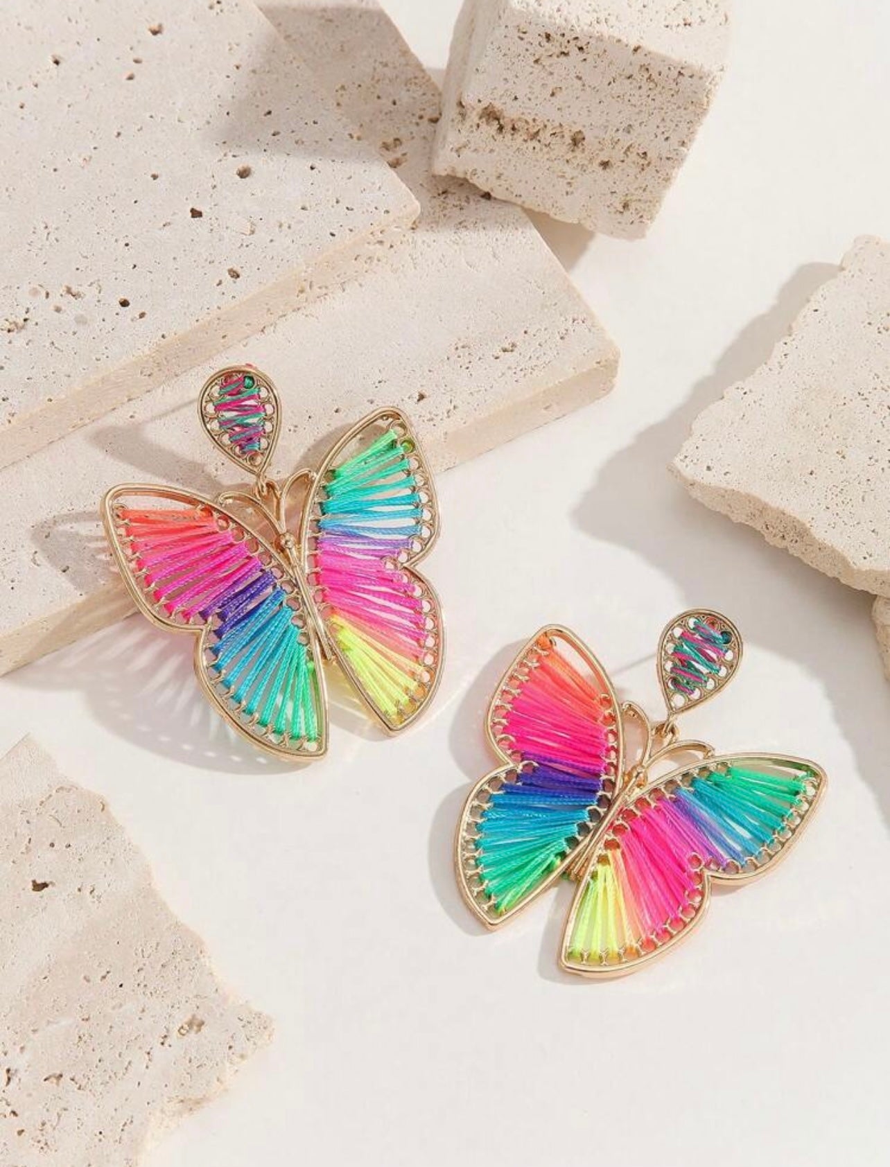 Gold & Rainbow Boho Braided Butterfly Earrings – Handmade Holiday & Festival Jewellery