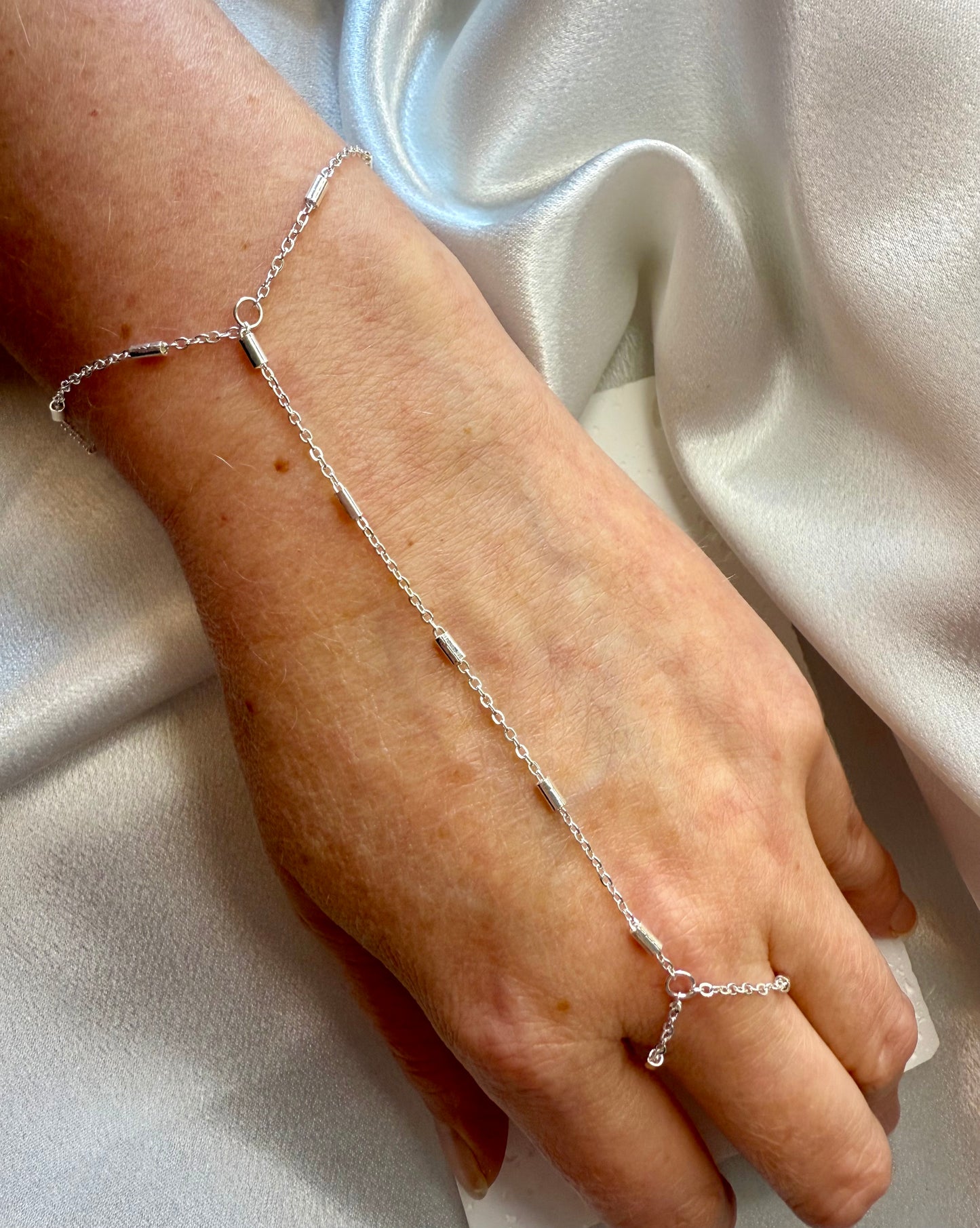 Silver Beaded Hand Chain – Minimalist Ring-to-Bracelet Jewellery for Daily Wear