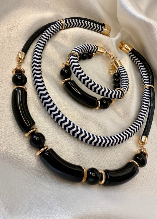 2pc Nautical Black Cord Necklace & Bracelet Set – Exaggerated Choker Style with Gold Accents