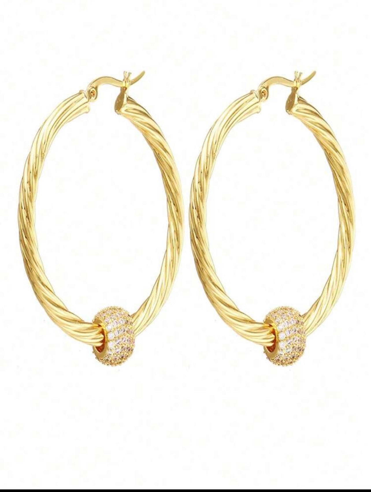 Gold plated Cubic Zirconia Twisted Diamond Ball Hoop Earrings – Light Luxury with a Modern Edge