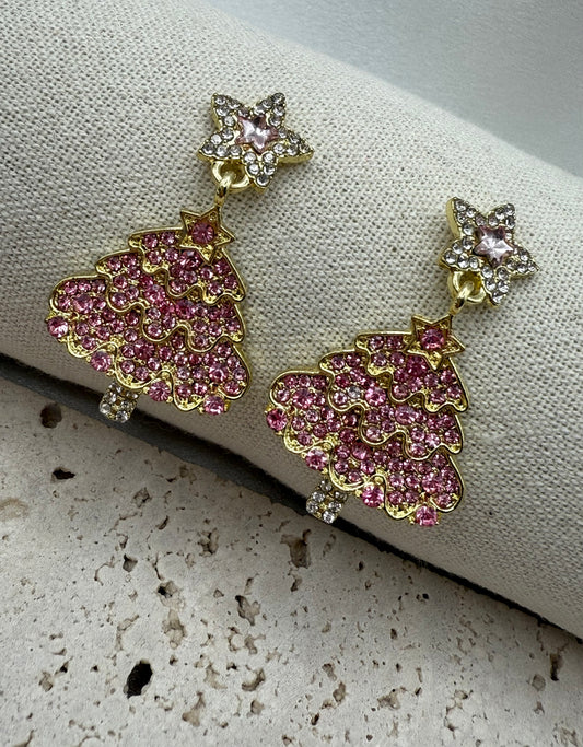 Luxury Sparkling Star Christmas Tree Earrings – Elegant, Radiant & Festive- Pinc Cubic Zirconia
