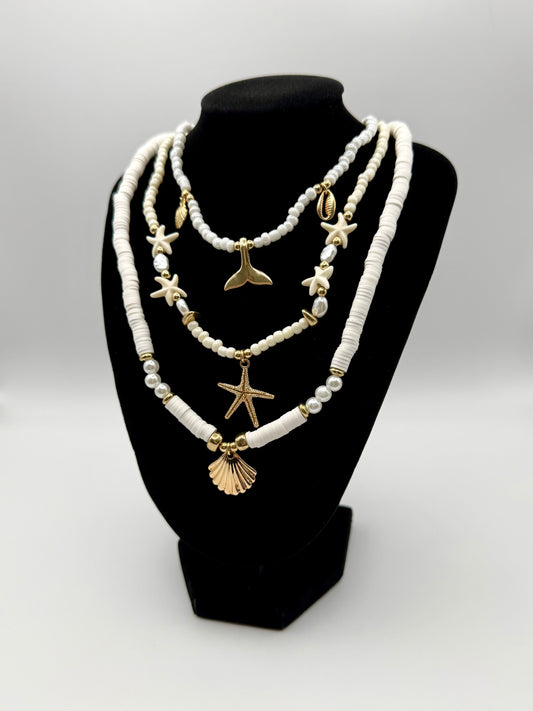 3pc Ocean Charm Necklace Set – White & Gold Ceramic Beads with Mermaid, Starfish & Shell Pendants