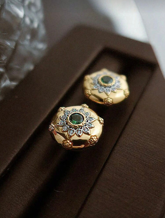 Delicate Carved Vintage Palace Style 18K Gold Plated Earrings with Green Zirconia Stone