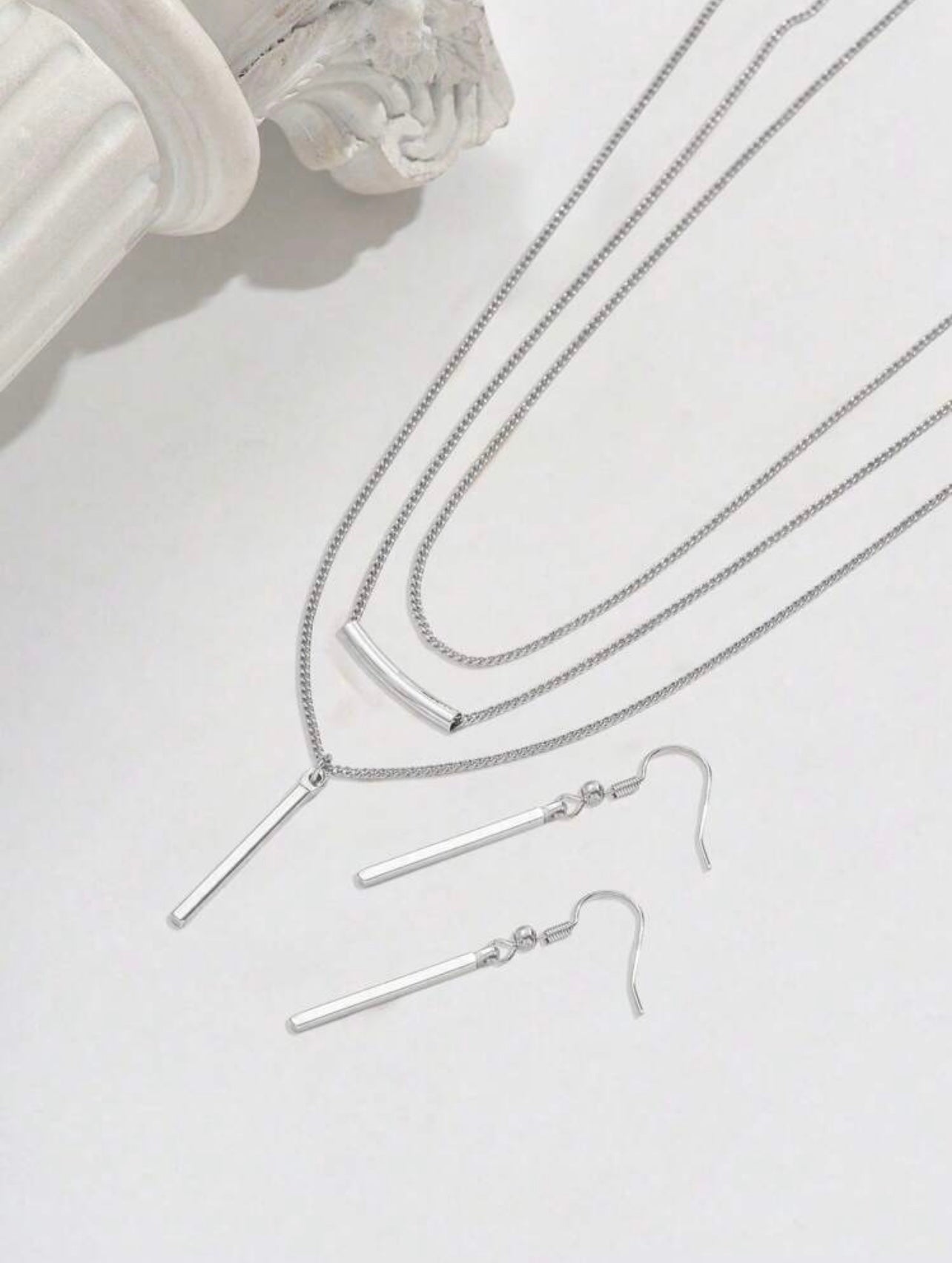 Silver Bohemian Minimalist Jewellery Set – Geometric Pendant Necklace & Earrings