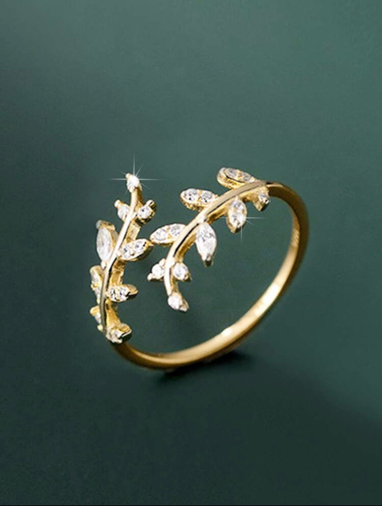 Gold-Tone Cubic Zirconia Leaf Cuff Ring – Elegant
