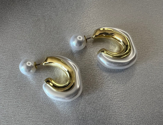 Gold & Faux Pearl Hoop Earrings with Pearl Back – Modern Elegance with a Twist