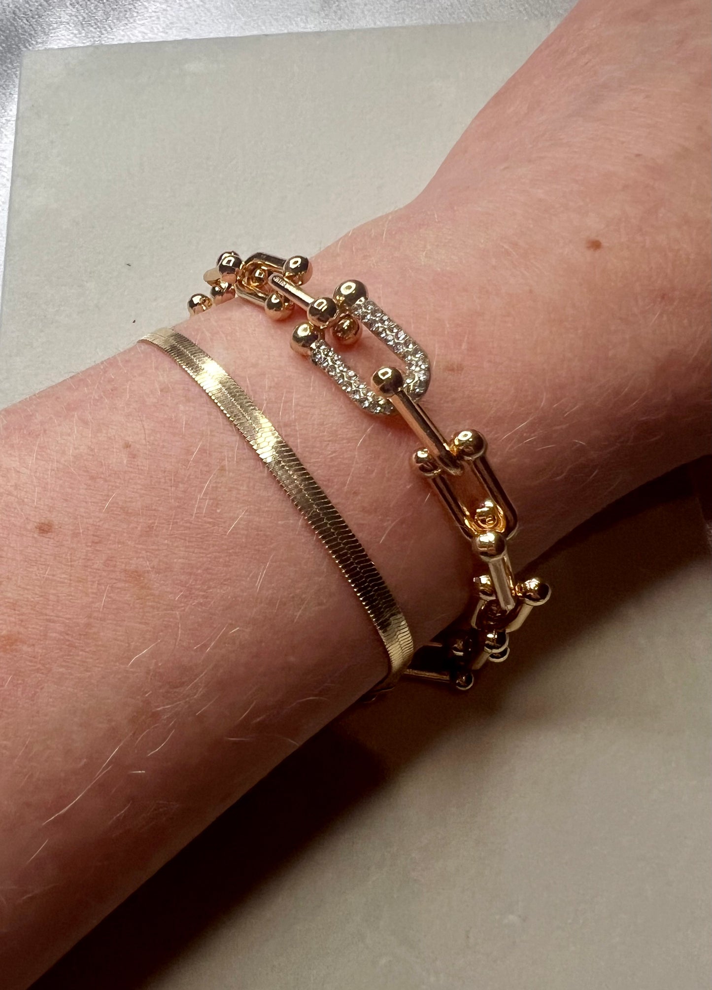2pc Tiffany Style Gold Snake Bone Bracelet Set – Hip-Hop Style with Rhinestone U-Buckle