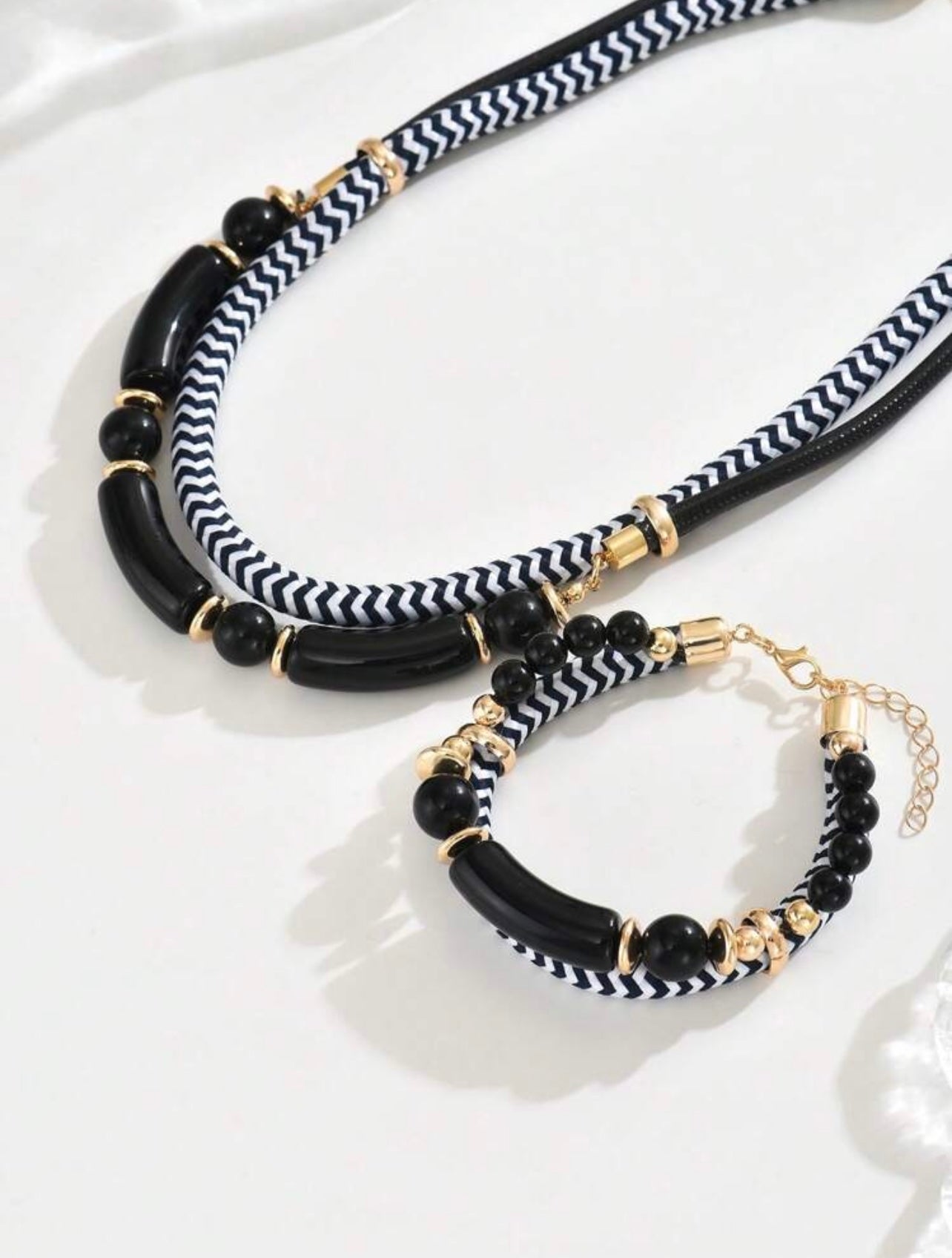 2pc Nautical Black Cord Necklace & Bracelet Set – Exaggerated Choker Style with Gold Accents