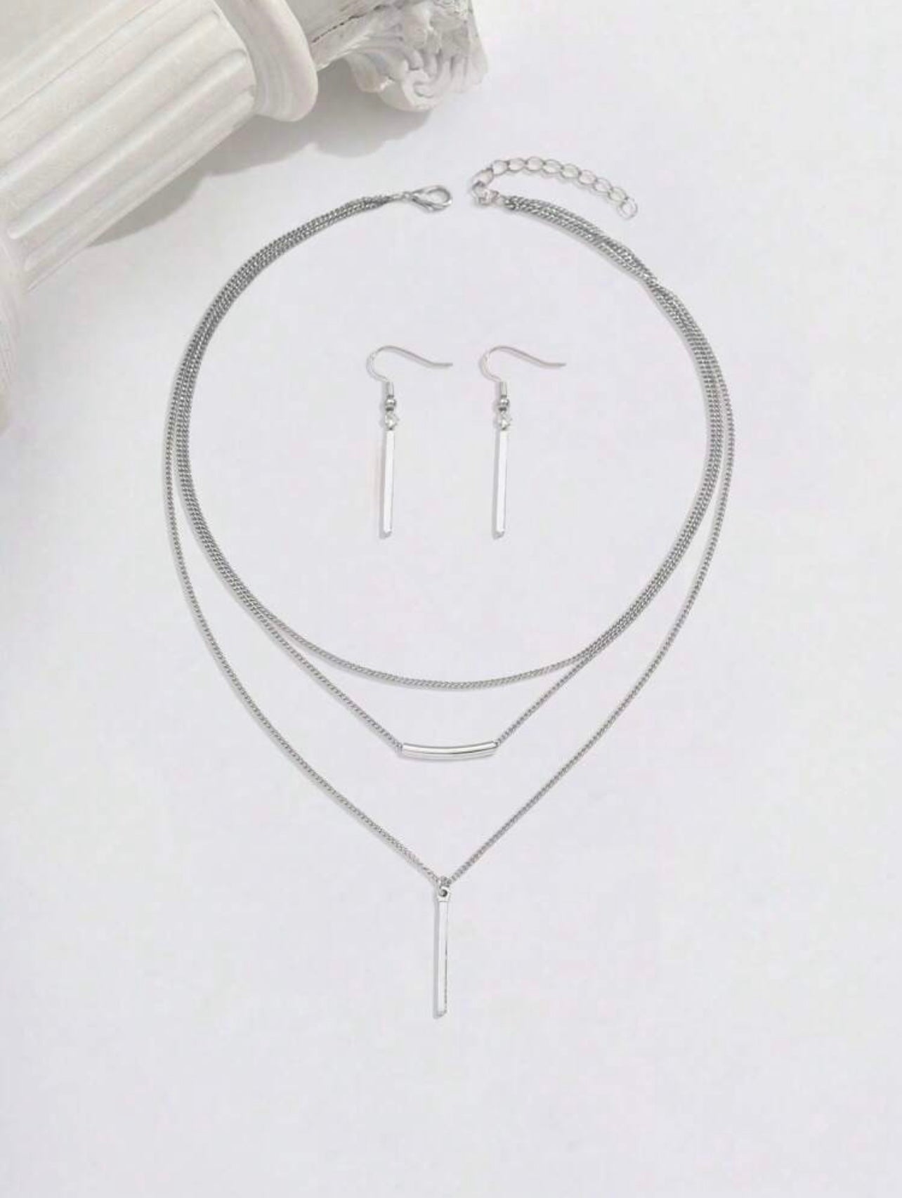 Silver Bohemian Minimalist Jewellery Set – Geometric Pendant Necklace & Earrings