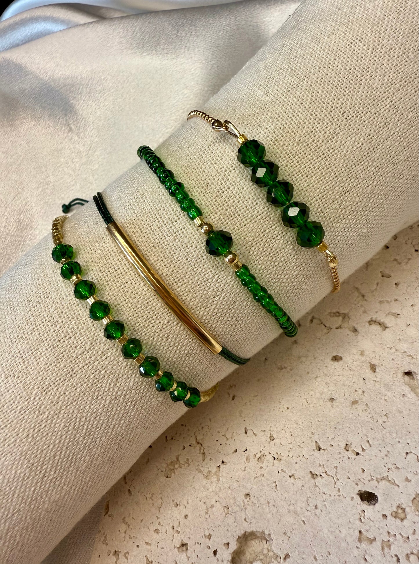 4pc Green & Gold Beaded Bracelet Stack – Handmade Party & Evening Jewellery