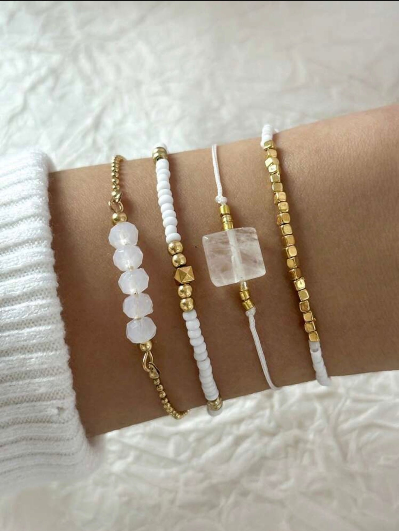 4pc White & Gold Gem Bracelet Stack – Handmade Holiday & Party Jewellery