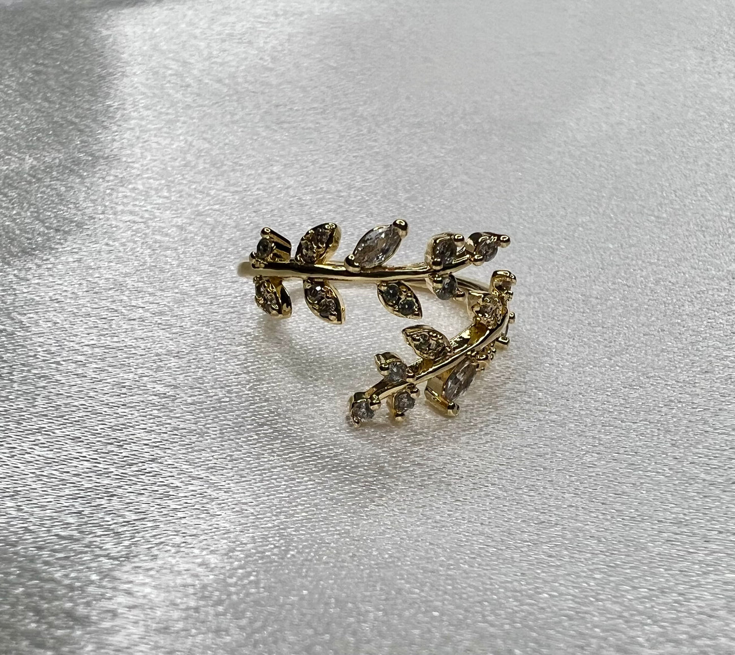 Gold-Tone Cubic Zirconia Leaf Cuff Ring – Elegant