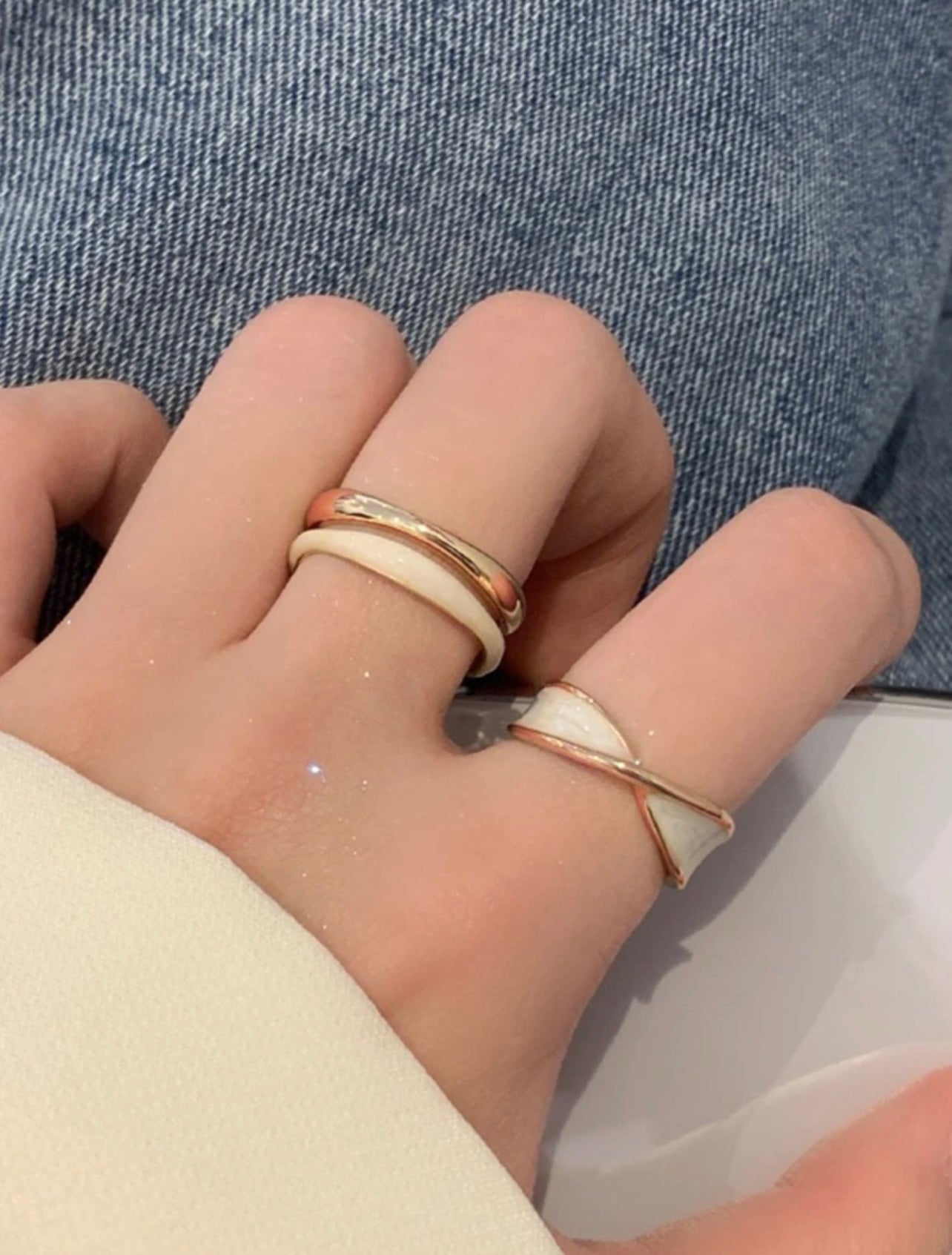 2pc Gold Criss-Cross Open Ring Set – Glossy Cream Enamel, Luxury Everyday Gift