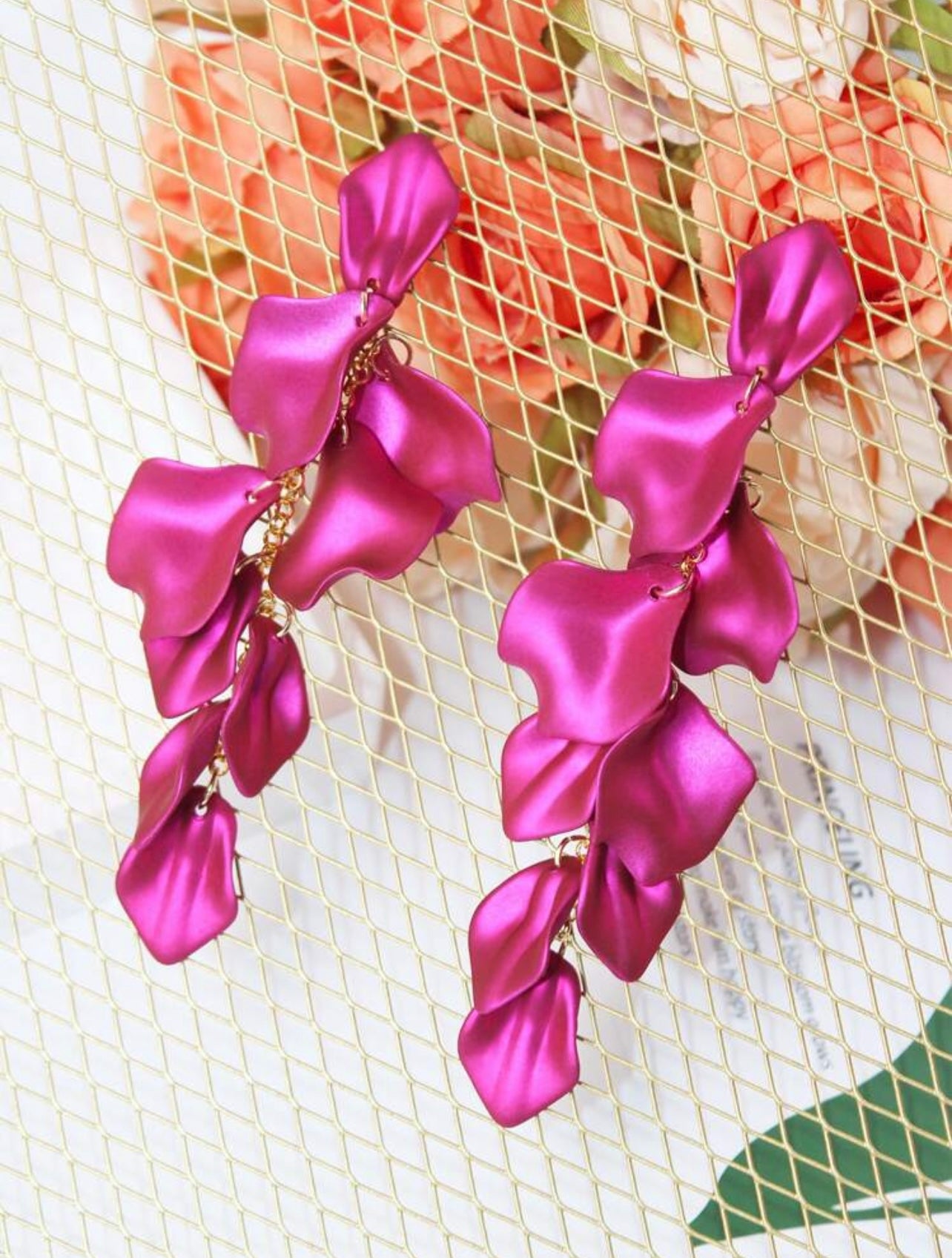 Gold & Satin Pink Petal Dangle Earrings – Nature-Inspired Elegance with a Modern Edge