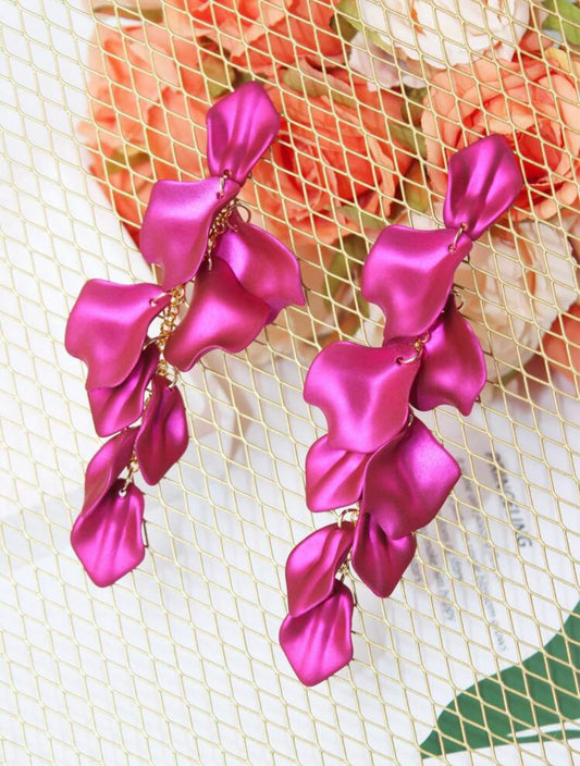 Gold & Satin Pink Petal Dangle Earrings – Nature-Inspired Elegance with a Modern Edge