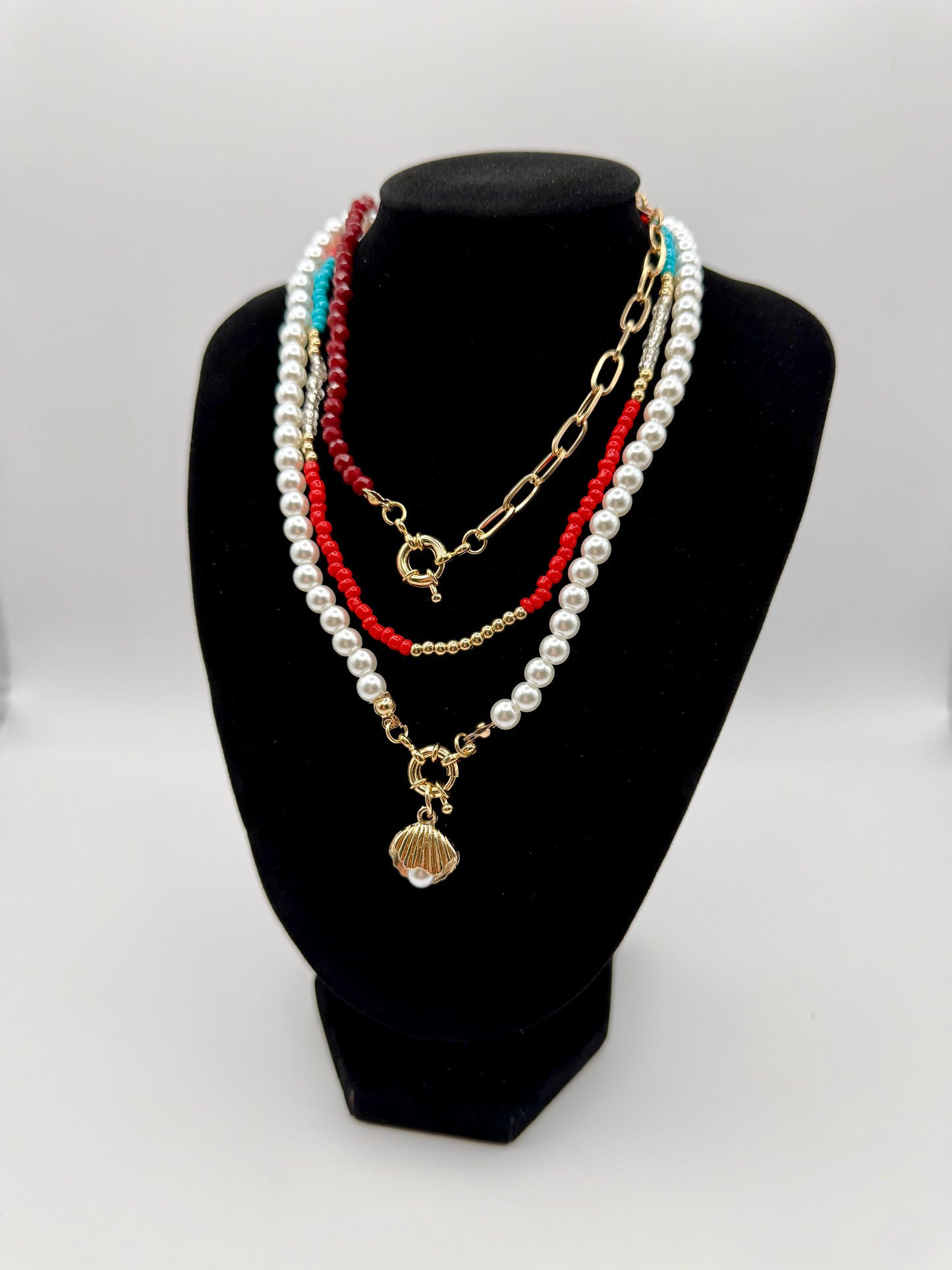 3pc Nautical Shell Necklace Set – Faux Pearls, Red & Blue Beads, and Gold Charm Accents