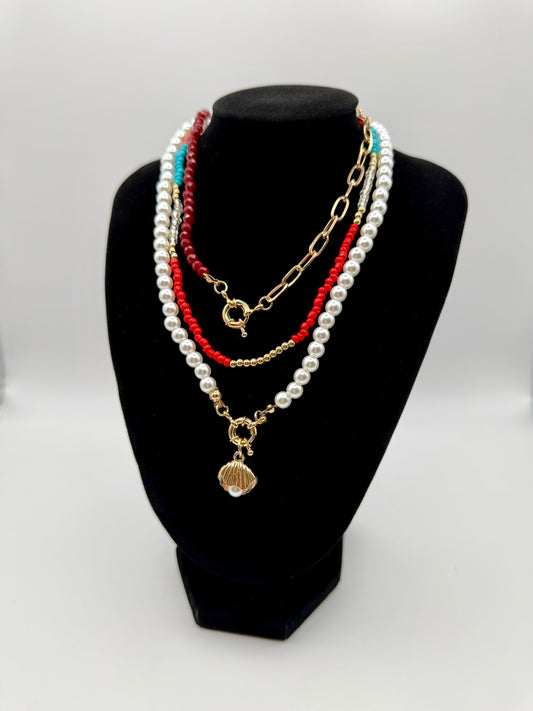3pc Nautical Shell Necklace Set – Faux Pearls, Red & Blue Beads, and Gold Charm Accents