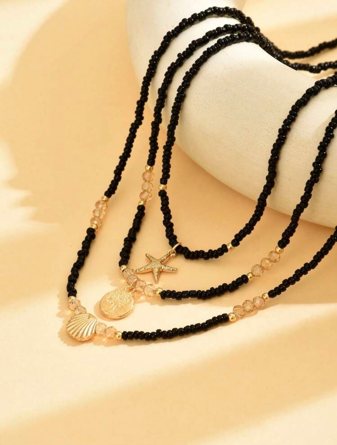 3pc Black & Gold Boho Beach Necklace Set – Starfish & Shell Pendants with Glass Beads