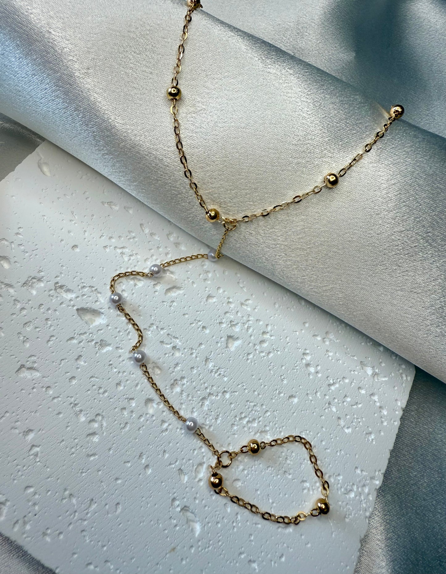 Gold & Faux Pearl Beaded Hand Chain – Minimalist Everyday Ring-to-Bracelet Jewellery