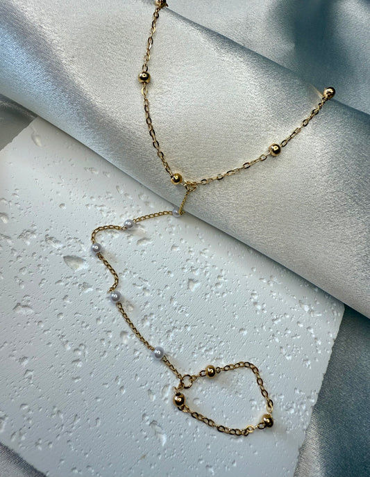 Gold & Faux Pearl Beaded Hand Chain – Minimalist Everyday Ring-to-Bracelet Jewellery
