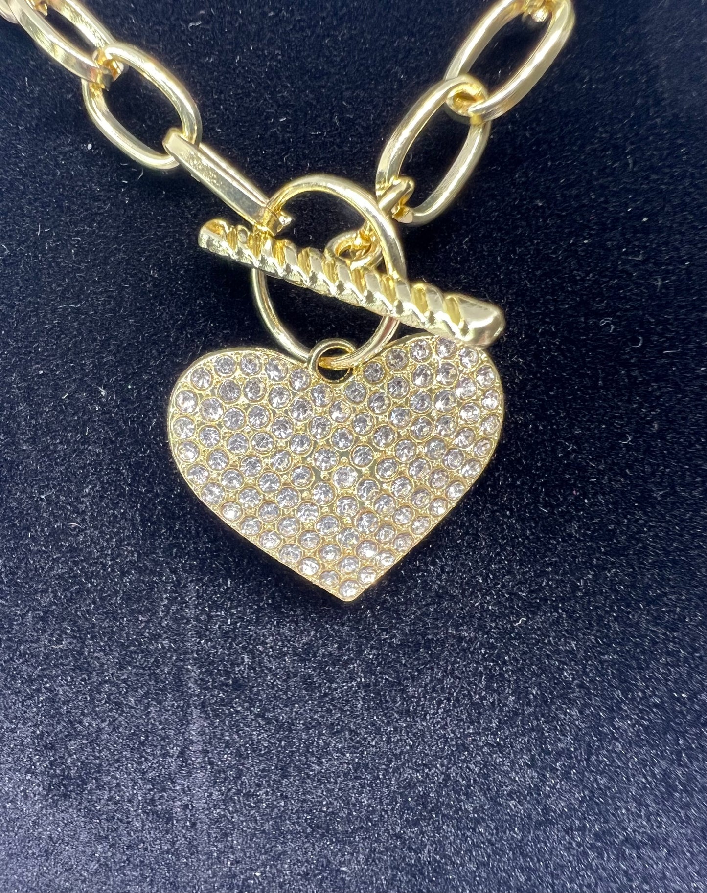 Tarnish-Resistant Rhinestone Gold Heart Charm Necklace – Paperclip Chain with T-Bar Clasp