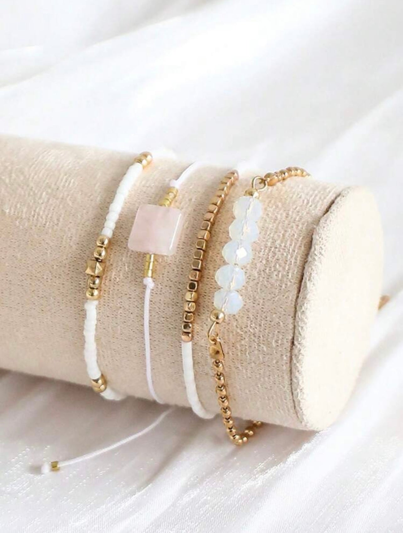 4pc White & Gold Gem Bracelet Stack – Handmade Holiday & Party Jewellery