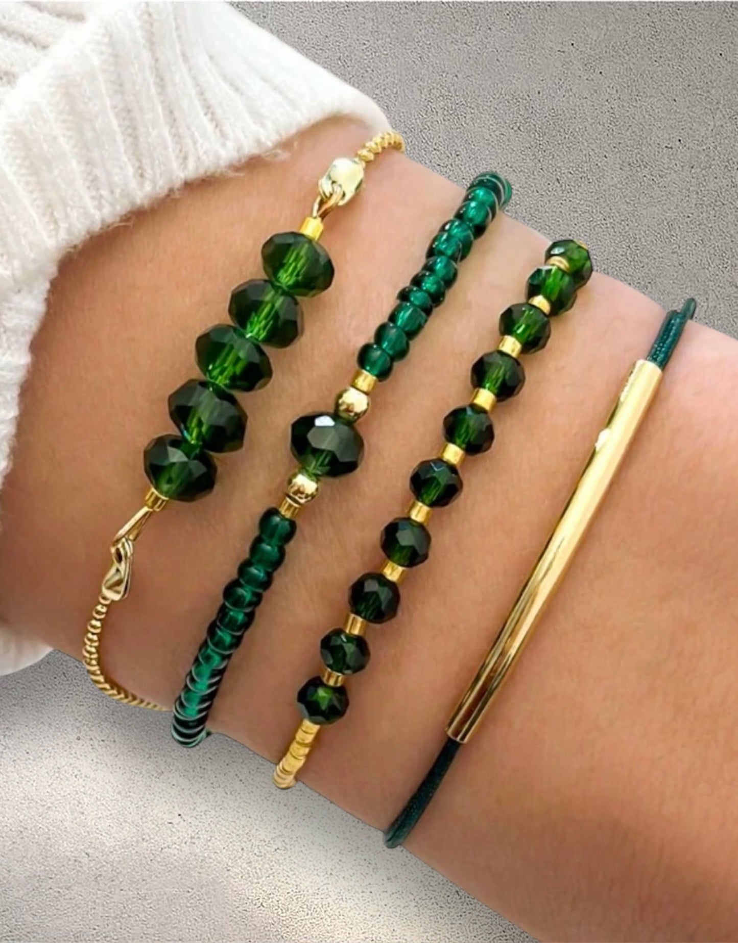 4pc Green & Gold Beaded Bracelet Stack – Handmade Party & Evening Jewellery