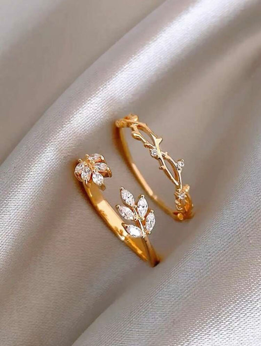 2pcs Gold-Tone Minimalist Vintage Crystal Leaf Vine Rings – Elegant Daily & Festival Wear