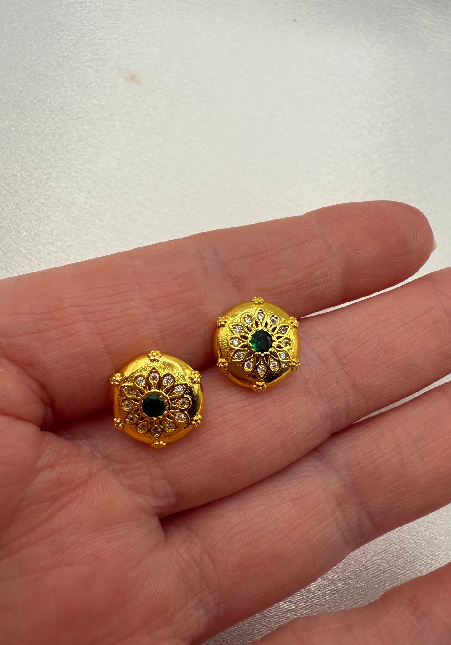 Delicate Carved Vintage Palace Style 18K Gold Plated Earrings with Green Zirconia Stone