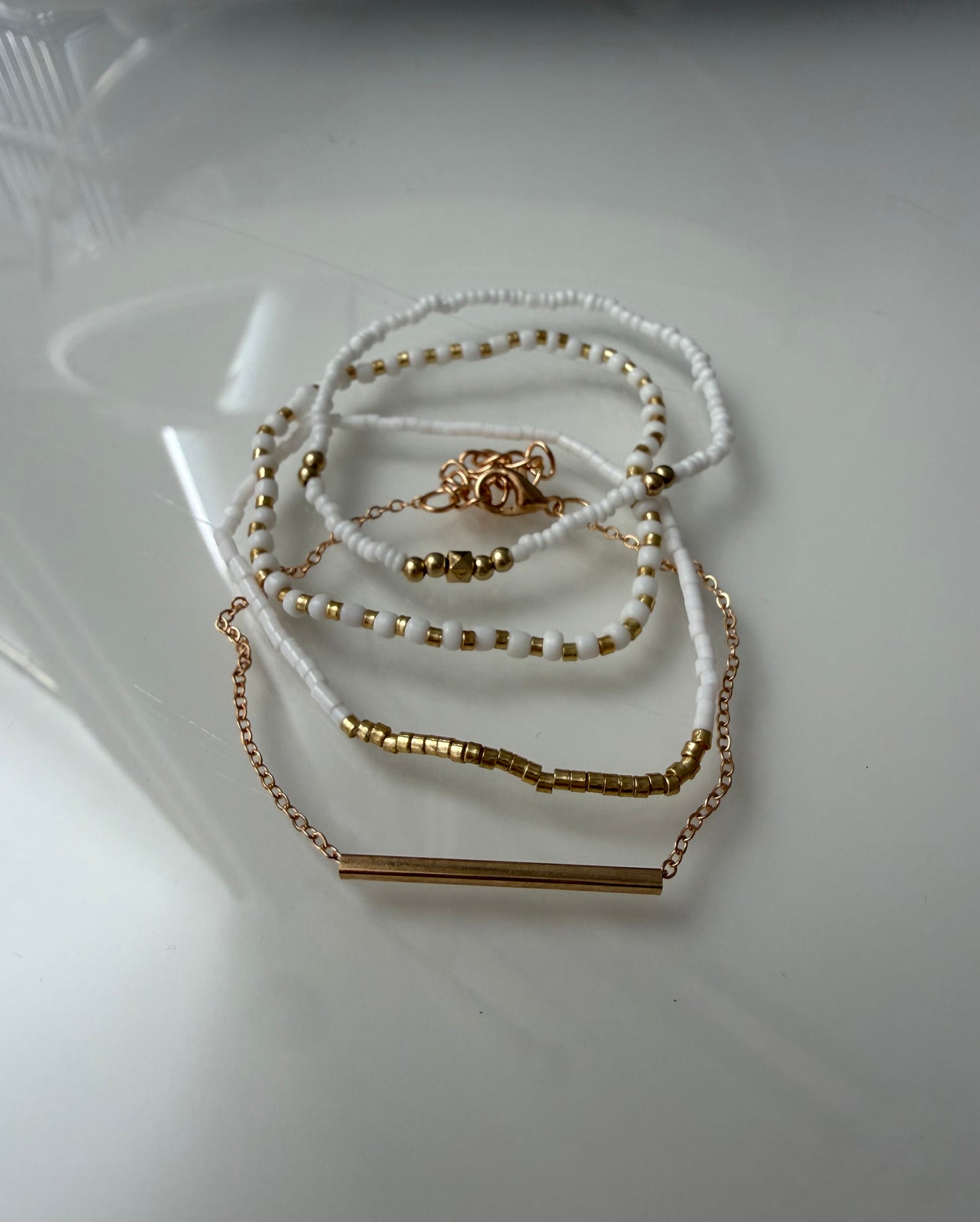 4pc White & Gold Gem Bracelet Stack – Handmade Holiday & Party Jewellery